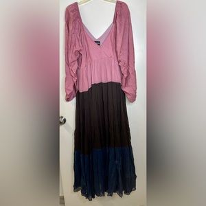 ANTHROPOLOGIE Colorblocked Maxi Dress Deep V-neck Puff Sleeved Nirmooha XS NWT